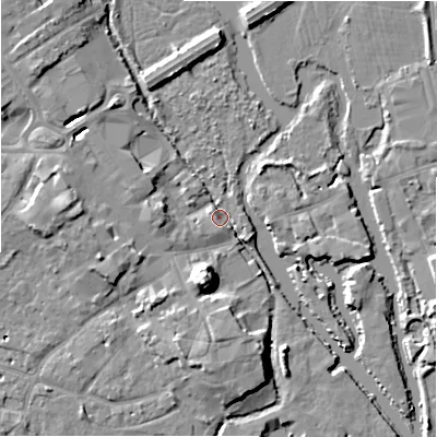 Shaded relief map of the ground around BH231GA, computed from Environment Agency LiDAR. The ground here sits at about 2 m above sea level and falls 12 m across the surrounding 800 m. Surface water reaching this point runs off ground lying to the west-north-west, 4.5 m higher.