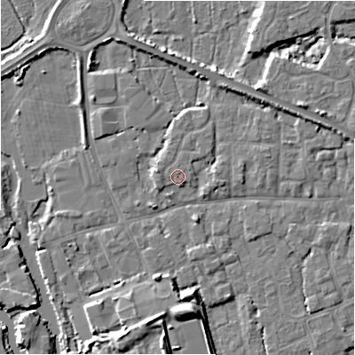 Shaded relief map of the ground around BH231HE, computed from Environment Agency LiDAR. The ground here sits at about 3 m above sea level and falls 8 m across the surrounding 800 m. The ground contributing surface water to this point lies to the east-south-east.