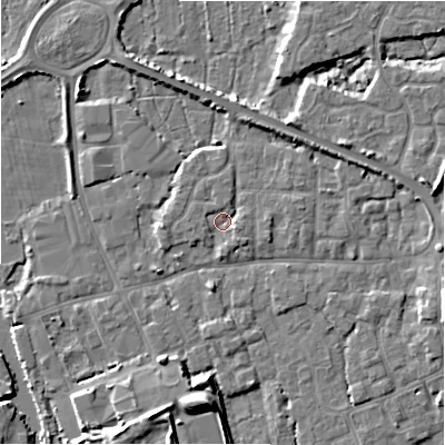 Shaded relief map of the ground around BH231HF, computed from Environment Agency LiDAR. The ground here sits at about 2 m above sea level and falls 8 m across the surrounding 800 m. Surface water reaching this point runs off ground lying to the east-south-east, 1.8 m higher.