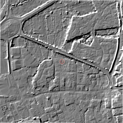 Shaded relief map of the ground around BH231HG, computed from Environment Agency LiDAR. The ground here sits at about 2 m above sea level and falls 8 m across the surrounding 800 m. Surface water reaching this point runs off ground lying to the east, 2.9 m higher.