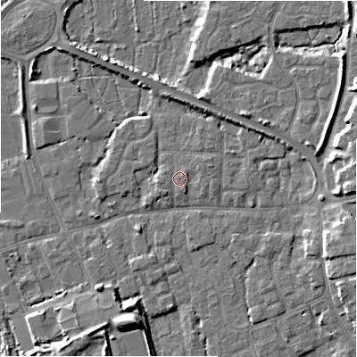 Shaded relief map of the ground around BH231HH, computed from Environment Agency LiDAR. The ground here sits at about 3 m above sea level and falls 9 m across the surrounding 800 m. Surface water reaching this point runs off ground lying to the west-south-west, 0.8 m higher.