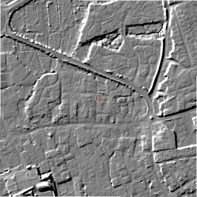 Shaded relief map of the ground around BH231HL, computed from Environment Agency LiDAR. The ground here sits at about 3 m above sea level and falls 8 m across the surrounding 800 m. Surface water reaching this point runs off ground lying to the north-east, 2.3 m higher.