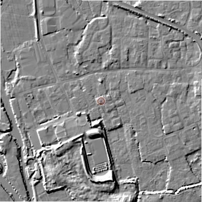 Shaded relief map of the ground around BH231HN, computed from Environment Agency LiDAR. The ground here sits at about 3 m above sea level and falls 9 m across the surrounding 800 m. Surface water reaching this point runs off ground lying to the west, 1.0 m higher.