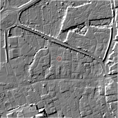 Shaded relief map of the ground around BH231HQ, computed from Environment Agency LiDAR. The ground here sits at about 3 m above sea level and falls 8 m across the surrounding 800 m. Surface water reaching this point runs off ground lying to the east-south-east, 1.0 m higher.
