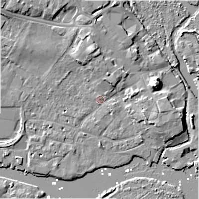 Shaded relief map of the ground around BH231HT, computed from Environment Agency LiDAR. The ground here sits at about 2 m above sea level and falls 12 m across the surrounding 800 m. Surface water reaching this point runs off ground lying to the east-south-east, 5.5 m higher.