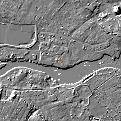 Shaded relief map of the ground around BH231HU, computed from Environment Agency LiDAR. The ground here sits at about 2 m above sea level and falls 12 m across the surrounding 800 m. Surface water reaching this point runs off ground lying to the west-north-west, 1.2 m higher.
