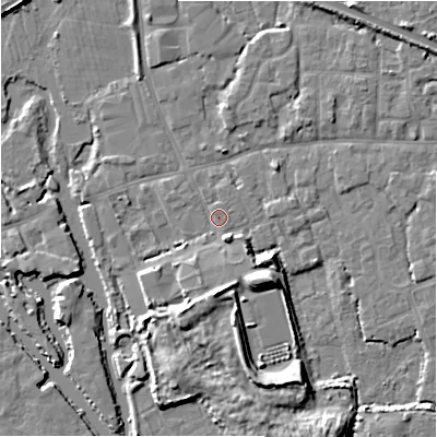 Shaded relief map of the ground around BH231HW, computed from Environment Agency LiDAR. The ground here sits at about 2 m above sea level and falls 9 m across the surrounding 800 m. Surface water reaching this point runs off ground lying to the south, 5.0 m higher.