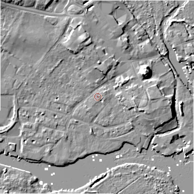 Shaded relief map of the ground around BH231HX, computed from Environment Agency LiDAR. The ground here sits at about 2 m above sea level and falls 12 m across the surrounding 800 m. Surface water reaching this point runs off ground lying to the east-north-east, 1.3 m higher.