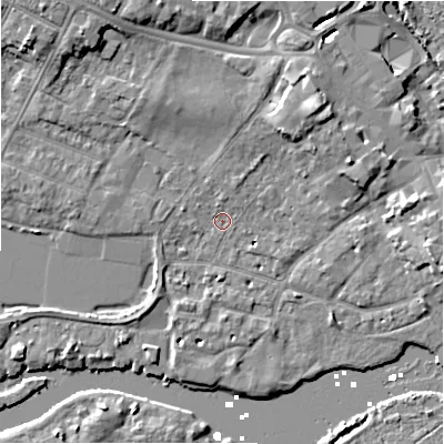 Shaded relief map of the ground around BH231JA, computed from Environment Agency LiDAR. The ground here sits at about 2 m above sea level and falls 8 m across the surrounding 800 m. Surface water reaching this point runs off ground lying to the north-north-west, 1.2 m higher.