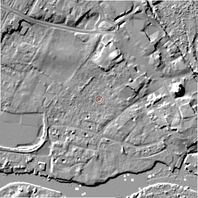 Shaded relief map of the ground around BH231JB, computed from Environment Agency LiDAR. The ground here sits at about 2 m above sea level and falls 12 m across the surrounding 800 m. Surface water reaching this point runs off ground lying to the north-north-east, 5.8 m higher.