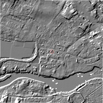Shaded relief map of the ground around BH231JD, computed from Environment Agency LiDAR. The ground here sits at about 2 m above sea level and falls 10 m across the surrounding 800 m. Surface water reaching this point runs off ground lying to the north-north-east, 7.7 m higher.