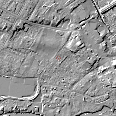 Shaded relief map of the ground around BH231JE, computed from Environment Agency LiDAR. The ground here sits at about 2 m above sea level and falls 11 m across the surrounding 800 m. Surface water reaching this point runs off ground lying to the north-west, 5.6 m higher.