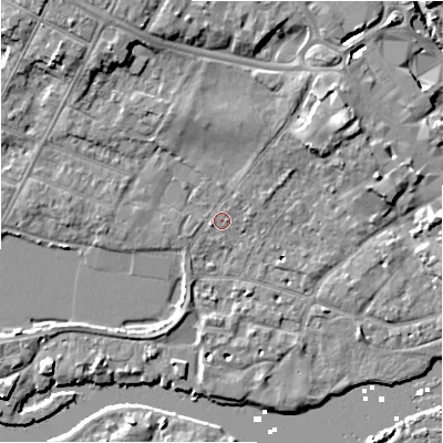 Shaded relief map of the ground around BH231JF, computed from Environment Agency LiDAR. The ground here sits at about 2 m above sea level and falls 8 m across the surrounding 800 m. Surface water reaching this point runs off ground lying to the north-west, 5.6 m higher.