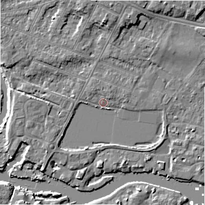 Shaded relief map of the ground around BH231JH, computed from Environment Agency LiDAR. The ground here sits at about 2 m above sea level and falls 7 m across the surrounding 800 m. Surface water reaching this point runs off ground lying to the south-west, 2.6 m higher.