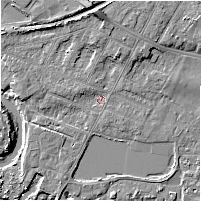 Shaded relief map of the ground around BH231JL, computed from Environment Agency LiDAR. The ground here sits at about 3 m above sea level and falls 11 m across the surrounding 800 m. Surface water reaching this point runs off ground lying to the north, 8.4 m higher.