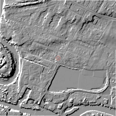Shaded relief map of the ground around BH231JN, computed from Environment Agency LiDAR. The ground here sits at about 3 m above sea level and falls 9 m across the surrounding 800 m. Surface water reaching this point runs off ground lying to the west, 2.8 m higher.