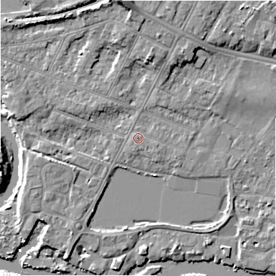 Shaded relief map of the ground around BH231JP, computed from Environment Agency LiDAR. The ground here sits at about 3 m above sea level and falls 11 m across the surrounding 800 m. Surface water reaching this point runs off ground lying to the south, 0.6 m higher.
