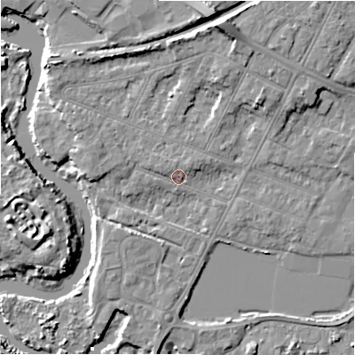 Shaded relief map of the ground around BH231JT, computed from Environment Agency LiDAR. The ground here sits at about 4 m above sea level and falls 11 m across the surrounding 800 m. Surface water reaching this point runs off ground lying to the north-north-west, 1.6 m higher.