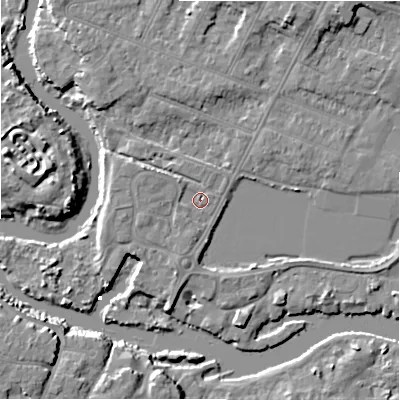 Shaded relief map of the ground around BH231JW, computed from Environment Agency LiDAR. The ground here sits at about 2 m above sea level and falls 10 m across the surrounding 800 m. Surface water reaching this point runs off ground lying to the west-north-west, 2.7 m higher.