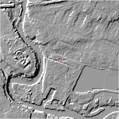 Shaded relief map of the ground around BH231JY, computed from Environment Agency LiDAR. The ground here sits at about 3 m above sea level and falls 10 m across the surrounding 800 m. Surface water reaching this point runs off ground lying to the north-north-east, 6.0 m higher.