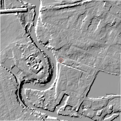 Shaded relief map of the ground around BH231JZ, computed from Environment Agency LiDAR. The ground here sits at about 3 m above sea level and falls 10 m across the surrounding 800 m. Surface water reaching this point runs off ground lying to the south-south-east, 2.1 m higher.