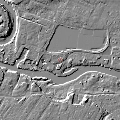 Shaded relief map of the ground around BH231LA, computed from Environment Agency LiDAR. The ground here sits at about 3 m above sea level and falls 10 m across the surrounding 800 m. Surface water reaching this point runs off ground lying to the south, 1.8 m higher.