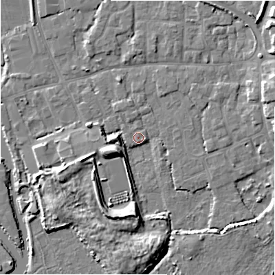 Shaded relief map of the ground around BH231LD, computed from Environment Agency LiDAR. The ground here sits at about 2 m above sea level and falls 9 m across the surrounding 800 m. Surface water reaching this point runs off ground lying to the south-south-west, 7.6 m higher.