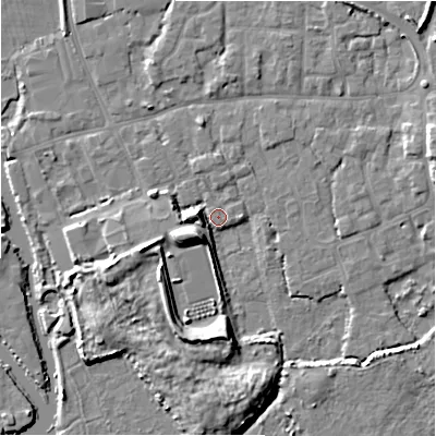 Shaded relief map of the ground around BH231LG, computed from Environment Agency LiDAR. The ground here sits at about 2 m above sea level and falls 9 m across the surrounding 800 m. Surface water reaching this point runs off ground lying to the south-south-west, 7.6 m higher.