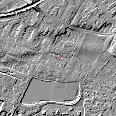 Shaded relief map of the ground around BH231LH, computed from Environment Agency LiDAR. The ground here sits at about 3 m above sea level and falls 11 m across the surrounding 800 m. Surface water reaching this point runs off ground lying to the north-north-west, 7.9 m higher.