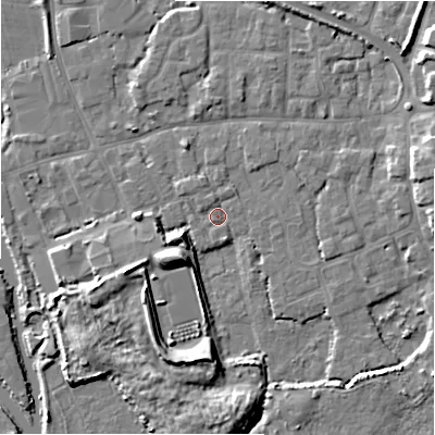 Shaded relief map of the ground around BH231LJ, computed from Environment Agency LiDAR. The ground here sits at about 2 m above sea level and falls 9 m across the surrounding 800 m. Surface water reaching this point runs off ground lying to the south-south-west, 7.6 m higher.