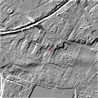 Shaded relief map of the ground around BH231LN, computed from Environment Agency LiDAR. The ground here sits at about 5 m above sea level and falls 11 m across the surrounding 800 m. Surface water reaching this point runs off ground lying to the north-north-west, 3.4 m higher.