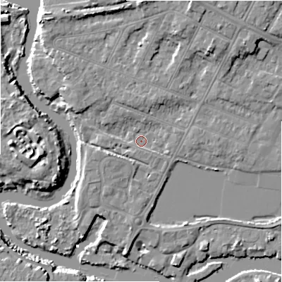 Shaded relief map of the ground around BH231LQ, computed from Environment Agency LiDAR. The ground here sits at about 2 m above sea level and falls 10 m across the surrounding 800 m. Surface water reaching this point runs off ground lying to the north-north-east, 6.2 m higher.