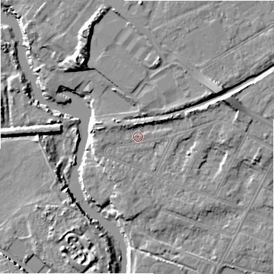 Shaded relief map of the ground around BH231LS, computed from Environment Agency LiDAR. The ground here sits at about 3 m above sea level and falls 11 m across the surrounding 800 m. Surface water reaching this point runs off ground lying to the west, 3.3 m higher.