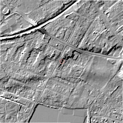Shaded relief map of the ground around BH231LW, computed from Environment Agency LiDAR. The ground here sits at about 5 m above sea level and falls 11 m across the surrounding 800 m. Surface water reaching this point runs off ground lying to the north-north-west, 6.0 m higher.