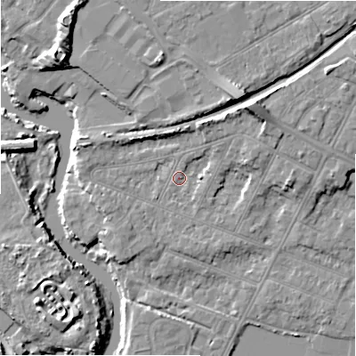Shaded relief map of the ground around BH231LY, computed from Environment Agency LiDAR. The ground here sits at about 3 m above sea level and falls 11 m across the surrounding 800 m. Surface water reaching this point runs off ground lying to the south-west, 2.5 m higher.