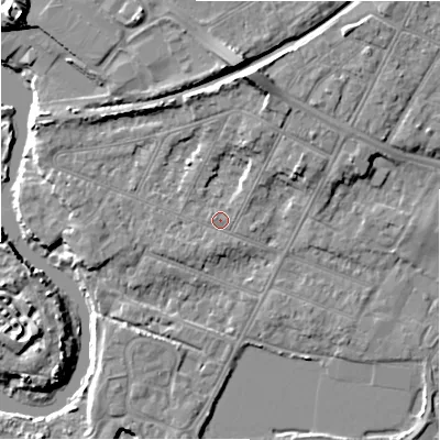Shaded relief map of the ground around BH231LZ, computed from Environment Agency LiDAR. The ground here sits at about 4 m above sea level and falls 11 m across the surrounding 800 m. Surface water reaching this point runs off ground lying to the north, 8.0 m higher.