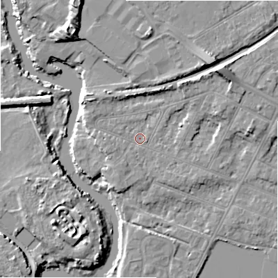 Shaded relief map of the ground around BH231NA, computed from Environment Agency LiDAR. The ground here sits at about 4 m above sea level and falls 11 m across the surrounding 800 m. Surface water reaching this point runs off ground lying to the south-west, 2.5 m higher.