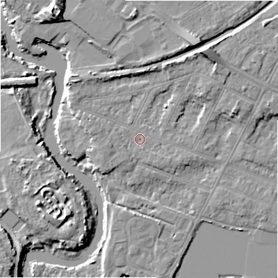 Shaded relief map of the ground around BH231NB, computed from Environment Agency LiDAR. The ground here sits at about 4 m above sea level and falls 11 m across the surrounding 800 m. Surface water reaching this point runs off ground lying to the west-south-west, 1.8 m higher.