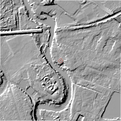 Shaded relief map of the ground around BH231NJ, computed from Environment Agency LiDAR. The ground here sits at about 3 m above sea level and falls 11 m across the surrounding 800 m. Surface water reaching this point runs off ground lying to the east-north-east, 2.6 m higher.