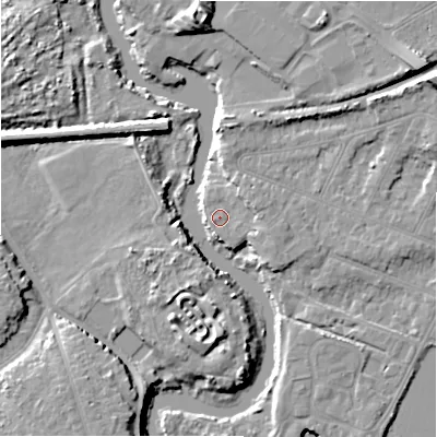 Shaded relief map of the ground around BH231NL, computed from Environment Agency LiDAR. The ground here sits at about 3 m above sea level and falls 11 m across the surrounding 800 m. Surface water reaching this point runs off ground lying to the east-north-east, 3.0 m higher.