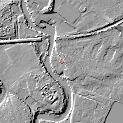 Shaded relief map of the ground around BH231NN, computed from Environment Agency LiDAR. The ground here sits at about 3 m above sea level and falls 11 m across the surrounding 800 m. Surface water reaching this point runs off ground lying to the east-south-east, 3.0 m higher.