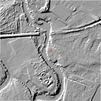 Shaded relief map of the ground around BH231NR, computed from Environment Agency LiDAR. The ground here sits at about 3 m above sea level and falls 11 m across the surrounding 800 m. Surface water reaching this point runs off ground lying to the east-south-east, 3.0 m higher.