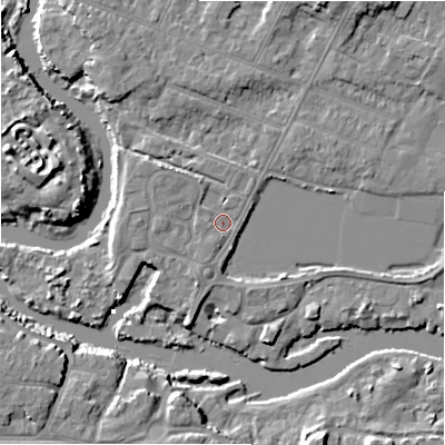 Shaded relief map of the ground around BH231NT, computed from Environment Agency LiDAR. The ground here sits at about 3 m above sea level and falls 10 m across the surrounding 800 m. Surface water reaching this point runs off ground lying to the north-west, 2.7 m higher.
