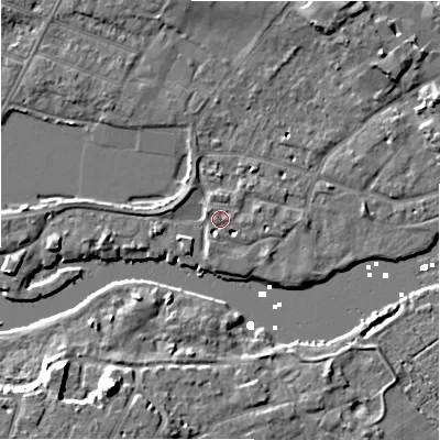 Shaded relief map of the ground around BH231NU, computed from Environment Agency LiDAR. The ground here sits at about 2 m above sea level and falls 10 m across the surrounding 800 m. Surface water reaching this point runs off ground lying to the east, 2.2 m higher.