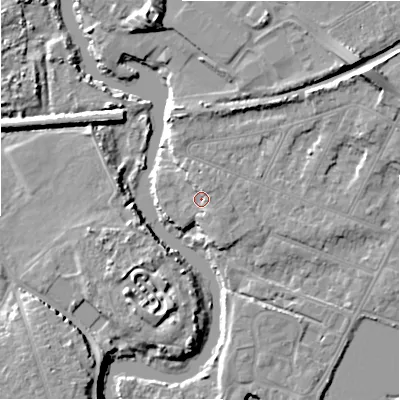 Shaded relief map of the ground around BH231NW, computed from Environment Agency LiDAR. The ground here sits at about 3 m above sea level and falls 11 m across the surrounding 800 m. Surface water reaching this point runs off ground lying to the north, 2.4 m higher.