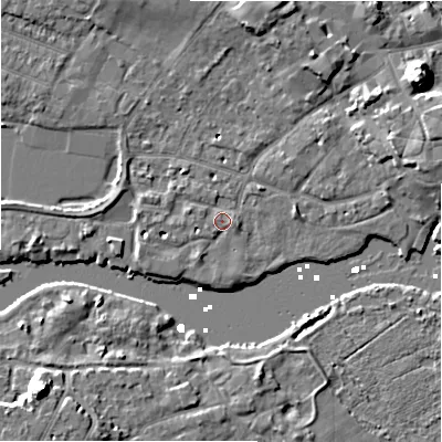Shaded relief map of the ground around BH231NY, computed from Environment Agency LiDAR. The ground here sits at about 2 m above sea level and falls 12 m across the surrounding 800 m. Surface water reaching this point runs off ground lying to the south-south-west, 1.4 m higher.