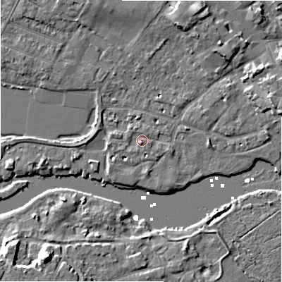 Shaded relief map of the ground around BH231NZ, computed from Environment Agency LiDAR. The ground here sits at about 2 m above sea level and falls 10 m across the surrounding 800 m. Surface water reaching this point runs off ground lying to the west, 1.0 m higher.