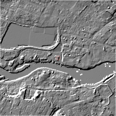 Shaded relief map of the ground around BH231PB, computed from Environment Agency LiDAR. The ground here sits at about 3 m above sea level and falls 10 m across the surrounding 800 m. Surface water reaching this point runs off ground lying to the west-north-west, 1.6 m higher.