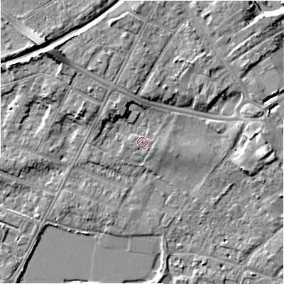 Shaded relief map of the ground around BH231PH, computed from Environment Agency LiDAR. The ground here sits at about 4 m above sea level and falls 11 m across the surrounding 800 m. Surface water reaching this point runs off ground lying to the east, 0.8 m higher.