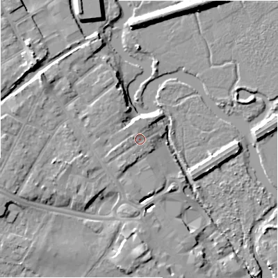 Shaded relief map of the ground around BH231QT, computed from Environment Agency LiDAR. The ground here sits at about 6 m above sea level and falls 10 m across the surrounding 800 m. Surface water reaching this point runs off ground lying to the west-south-west, 1.9 m higher.